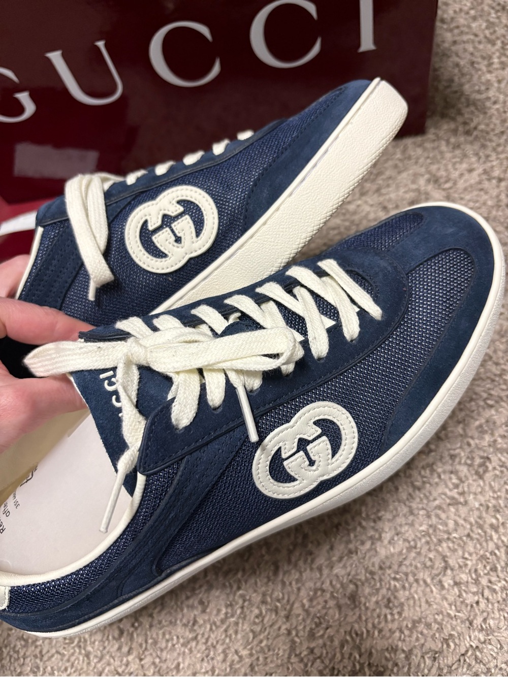 Gucci Men’s Suede Navy and White Low-Top Sneakers - Picture 2 of 8